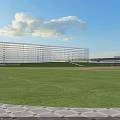 Modern Hospital Building With Glass Curtain Walls And Green Lawn Area