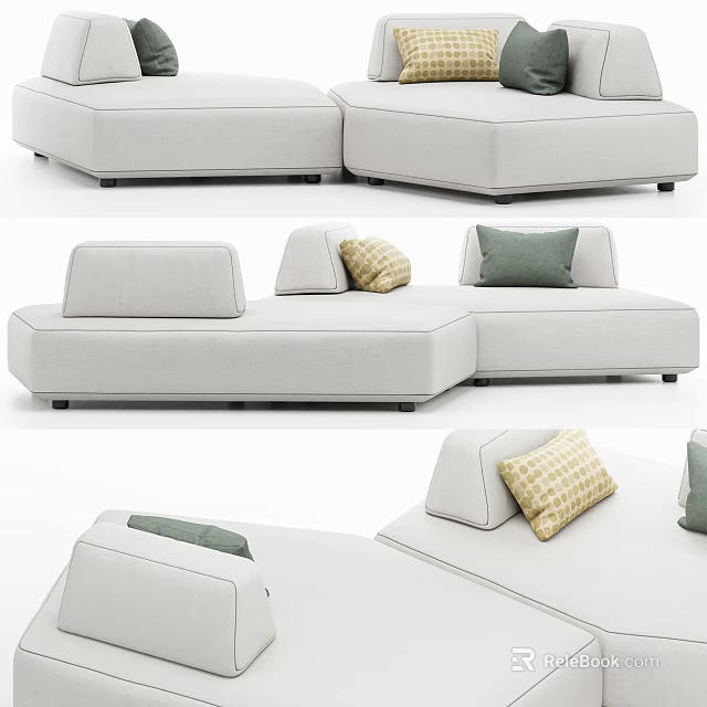 Modern Beige Upholstered Sectional Sofa With Green And Yellow Accent Pillows 3d model 
