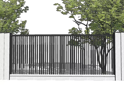 Modern Black Entrance Gate with Vertical Metal Railings and White Pillars Surrounded by Green Trees 3d model