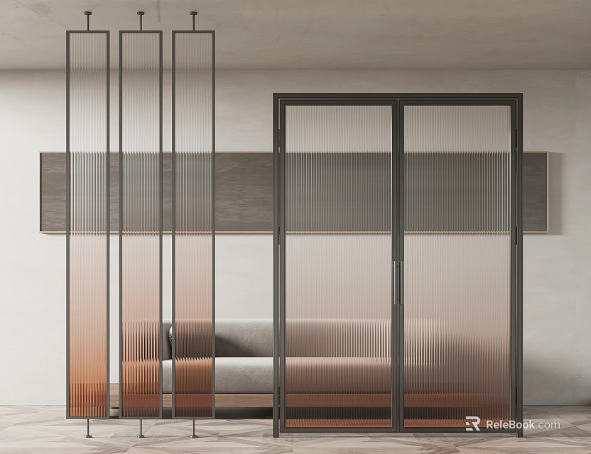 Modern Glass Partition With Metal Frame In Living Room Interior Design 3d model 