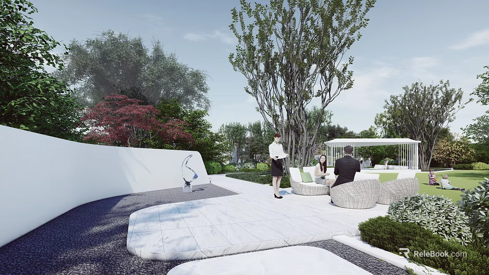 Modern Garden Landscape With Tall Trees White Walls Outdoor Seating And Paved Area 3d model 
