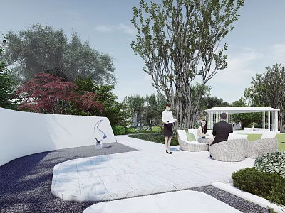 Modern Garden Landscape With Tall Trees White Walls Outdoor Seating And Paved Area 3d model