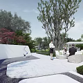 Modern Garden Landscape With Tall Trees White Walls Outdoor Seating And Paved Area