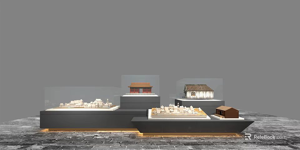 Display Shelves in Various Heights Displaying Chinese and Western Building Models with Bottom Lighting 3d model 