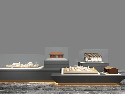 Display Shelves in Various Heights Displaying Chinese and Western Building Models with Bottom Lighting 3d model