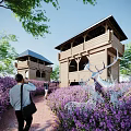 Scenic Roadside Facilities With Wooden Towers Purple Flowers Deer Sculpture And Pedestrian Pathway