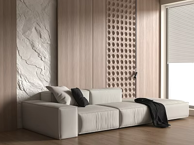Modern Background Wall Design With Wooden Panels Stone Texture And Circular Holes Near White Sofa 3d model