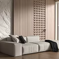 Modern Background Wall Design With Wooden Panels Stone Texture And Circular Holes Near White Sofa