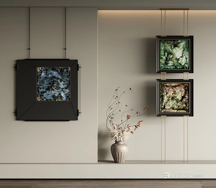 Light Colored Wall Interior With Black Framed Artworks And White Vase With Dried Branches 3d model 