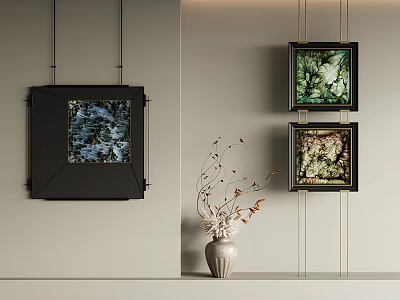 Light Colored Wall Interior With Black Framed Artworks And White Vase With Dried Branches 3d model