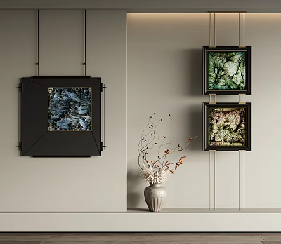 Light Colored Wall Interior With Black Framed Artworks And White Vase With Dried Branches 3d model