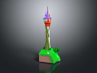 Colorful Decorative Tower Model With Purple Spire Red Body Green Vines And Grass Base 3d model
