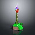 Colorful Decorative Tower Model With Purple Spire Red Body Green Vines And Grass Base