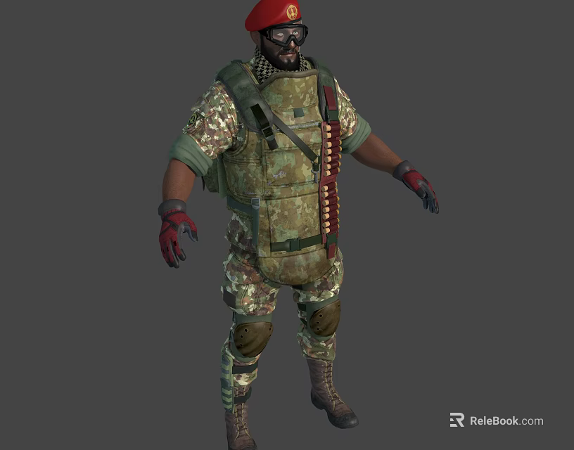 Military Character Wearing Red Beret Gas Mask Camouflage Uniform Ammunition Belt And Knee Pads 3d model