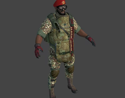 Military Character Wearing Red Beret Gas Mask Camouflage Uniform Ammunition Belt And Knee Pads 3d model