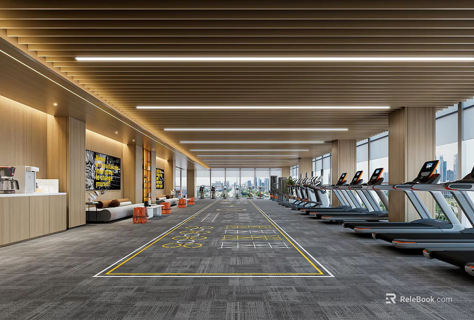 Modern Gym Interior With Treadmills And City View For Fitness 3d model 
