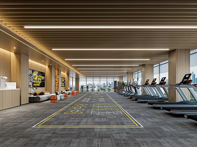 Modern Gym Interior With Treadmills And City View For Fitness 3d model