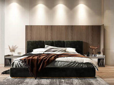 Modern Double Bed With Upholstered Headboard Wooden Striped Wall And Side Nightstands 3d model