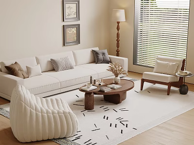 Modern Living Room White Sofa And Coffee Table Set With Throw Pillows Area Rug And Floor Lamp 3d model