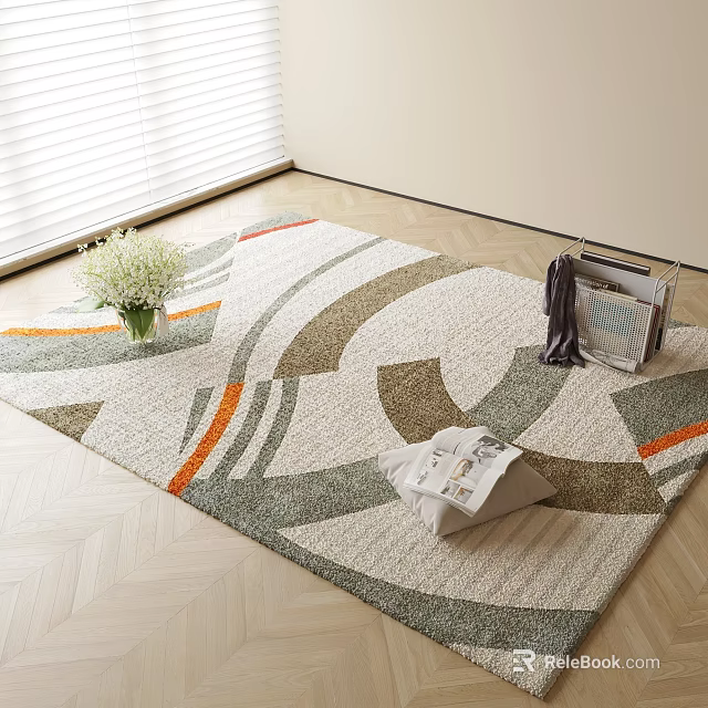 Square Carpet Featuring Geometric Pattern Neutral Beige Gray Orange Tones With Magazine And Decorative Items 3d model
