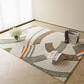 Square Carpet Featuring Geometric Pattern Neutral Beige Gray Orange Tones With Magazine And Decorative Items 3d model