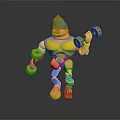 Muscular Game Movie Character With Spiky Blue Hair Yellow Shirt Blue Pants And Yellow Dumbbells