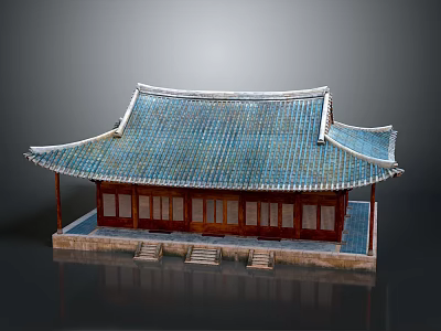 Traditional Chinese Architecture With Blue Tiled Roof Red Wooden Structure And Stone Steps 3d model