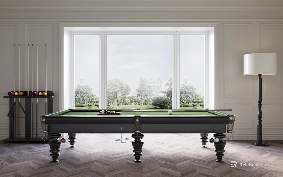 Modern Billiard Table In Bright Room With Large Windows Green Felt And Herringbone Floor 3d model 