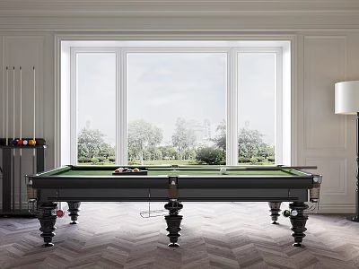 Modern Billiard Table In Bright Room With Large Windows Green Felt And Herringbone Floor 3d model