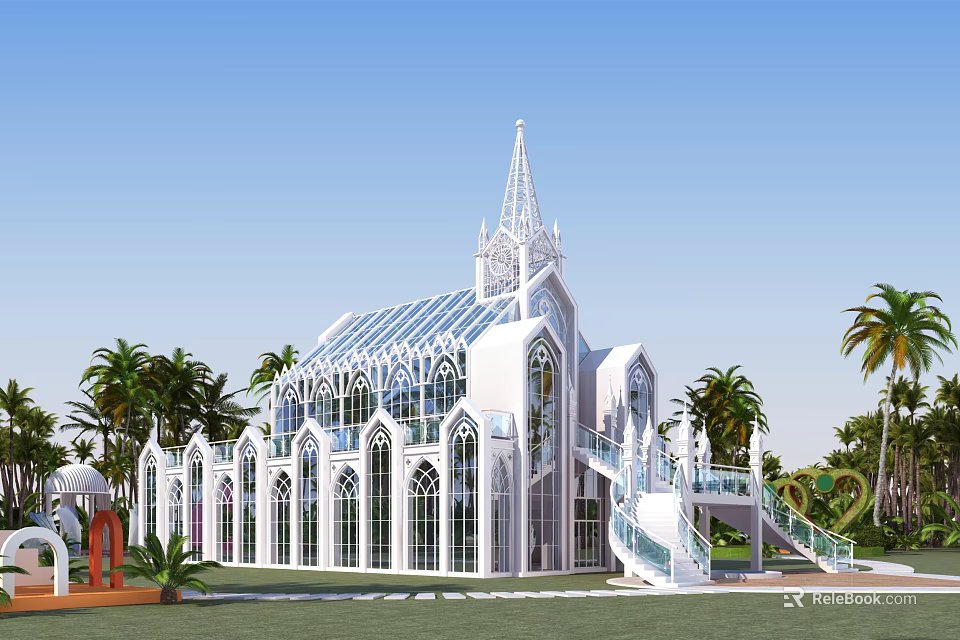 Elegant White European Architecture with Spire Arched Windows Glass Roof Palm Trees and Lawn 3d model 