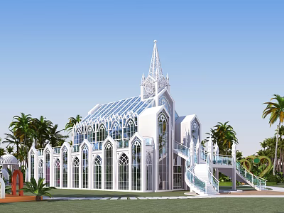 Elegant White European Architecture with Spire Arched Windows Glass Roof Palm Trees and Lawn 3d model