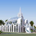 Elegant White European Architecture with Spire Arched Windows Glass Roof Palm Trees and Lawn