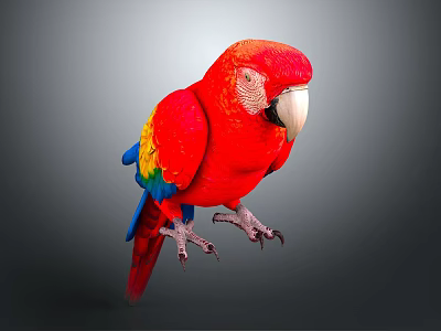 Red Parrot With Colorful Red Yellow Blue Feathers And White Beak On Gray Background 3d model