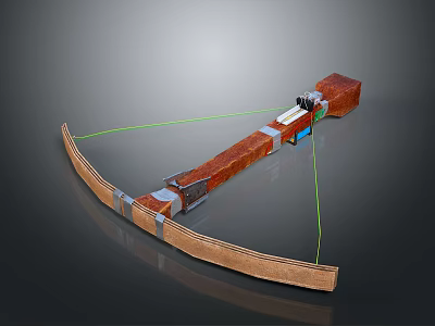 Traditional Wooden Mechanical Bow With Curved Arms Bowstring And Red Metal Components 3d model