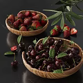Fresh Ripe Strawberries and Cherries in Wooden Bowls with Green Leaves