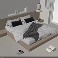 Modern Double Bed With Wooden Headboard White Quilt Black Pillows And Gray Throw In Bedroom