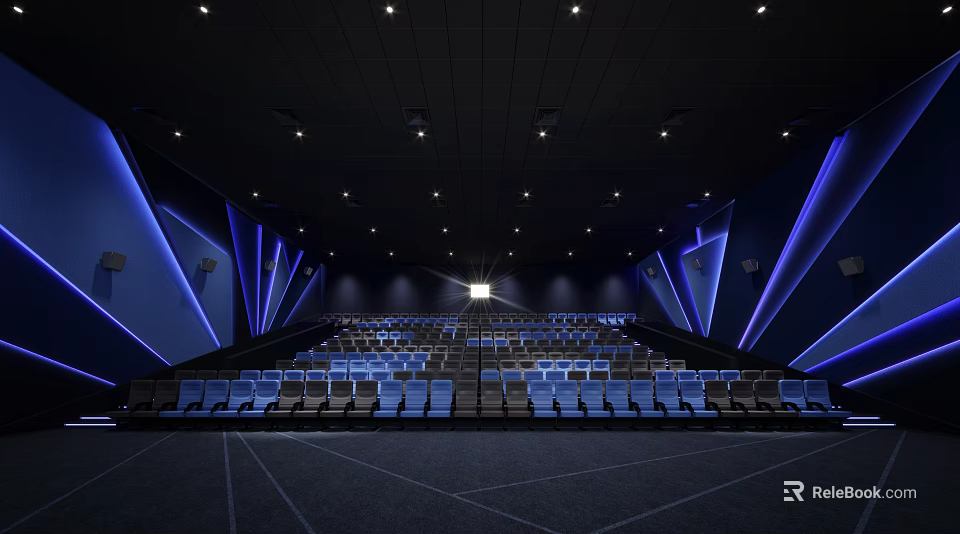 Modern Cinema Interior Design With Comfortable Row Seats And Blue Accent Lighting 3d model 