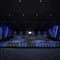 Modern Cinema Interior Design With Comfortable Row Seats And Blue Accent Lighting