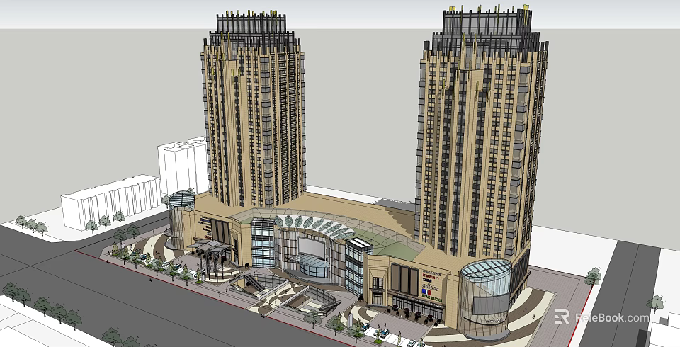 Modern Commercial Complex With Two Tall Towers Connecting Retail Space And Landscaped Surroundings 3d model 