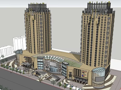 Modern Commercial Complex With Two Tall Towers Connecting Retail Space And Landscaped Surroundings 3d model