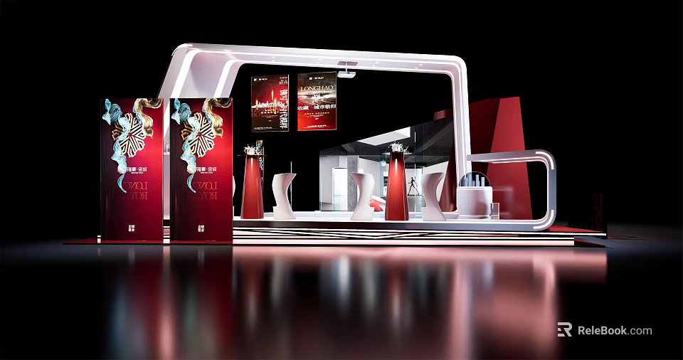 Modern Red Exhibition Booth With Dragon Pattern Display Screens And Product Models 3d model 