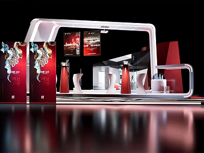 Modern Red Exhibition Booth With Dragon Pattern Display Screens And Product Models 3d model