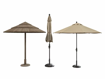 Stylish Patio Umbrellas In Three Different Designs Featuring Wooden Poles Foldable Options And Beige Tones 3d model