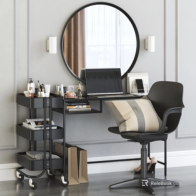 Modern Dressing Table with Round Mirror Laptop Black Chair and Cosmetics Storage Shelves 3d model 
