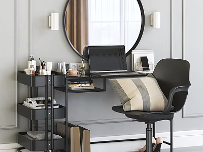 Modern Dressing Table with Round Mirror Laptop Black Chair and Cosmetics Storage Shelves 3d model