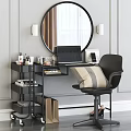 Modern Dressing Table with Round Mirror Laptop Black Chair and Cosmetics Storage Shelves