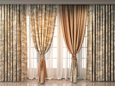Patterned Beige And Brown Curtains With Sheer Layers For Window Home Decor 3d model