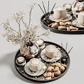 White Flower Branches in Decorative Vase with Coffee Mugs Cookies and Candles