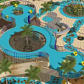 Garden Playground Features With Palm Trees Blue Water Channels And Sand Area