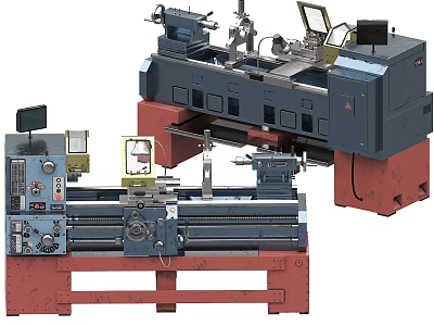 Industrial Lathe Equipment With Different Sizes Control Panels And Digital Monitors 3d model